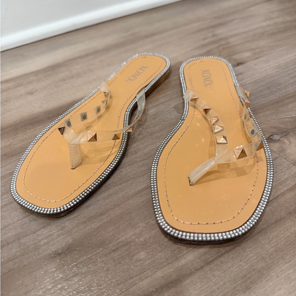 Xoxo Clear and Tan Studded Sandals